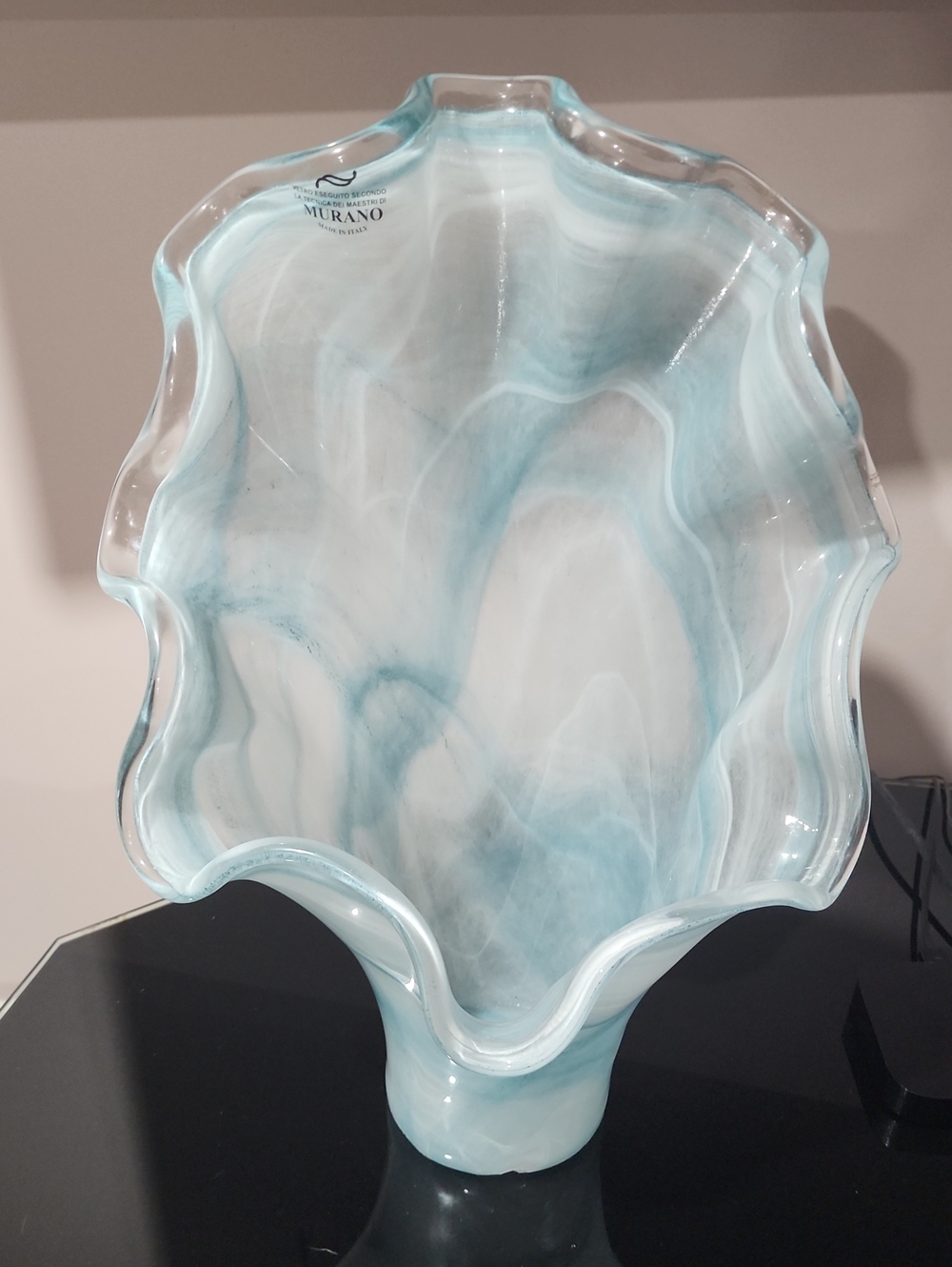 Murano Aqua Blue Handblown Art Glass Clam Shell Vase New With Defect